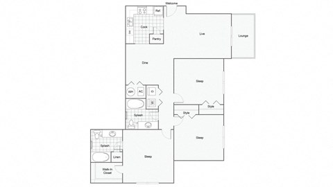 Floor plan for 3 beds, 2 baths, 1277 sqft